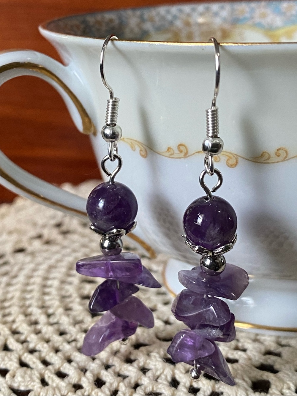 Amethyst Drop Dangle Earrings - Handmade